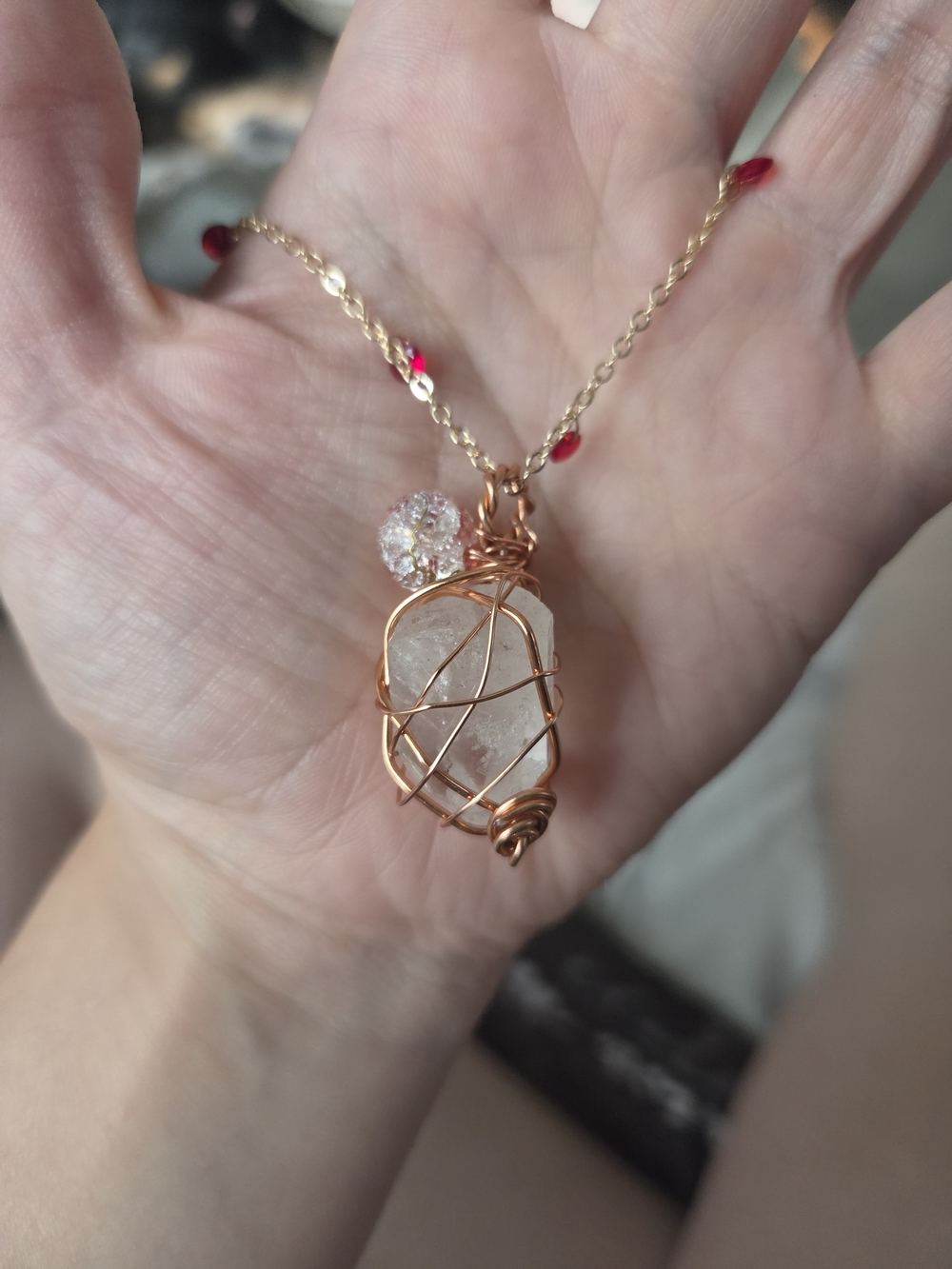Rose Gold Wire-Wrap Clear Crystal Pendant Necklace with Red Bead Accents